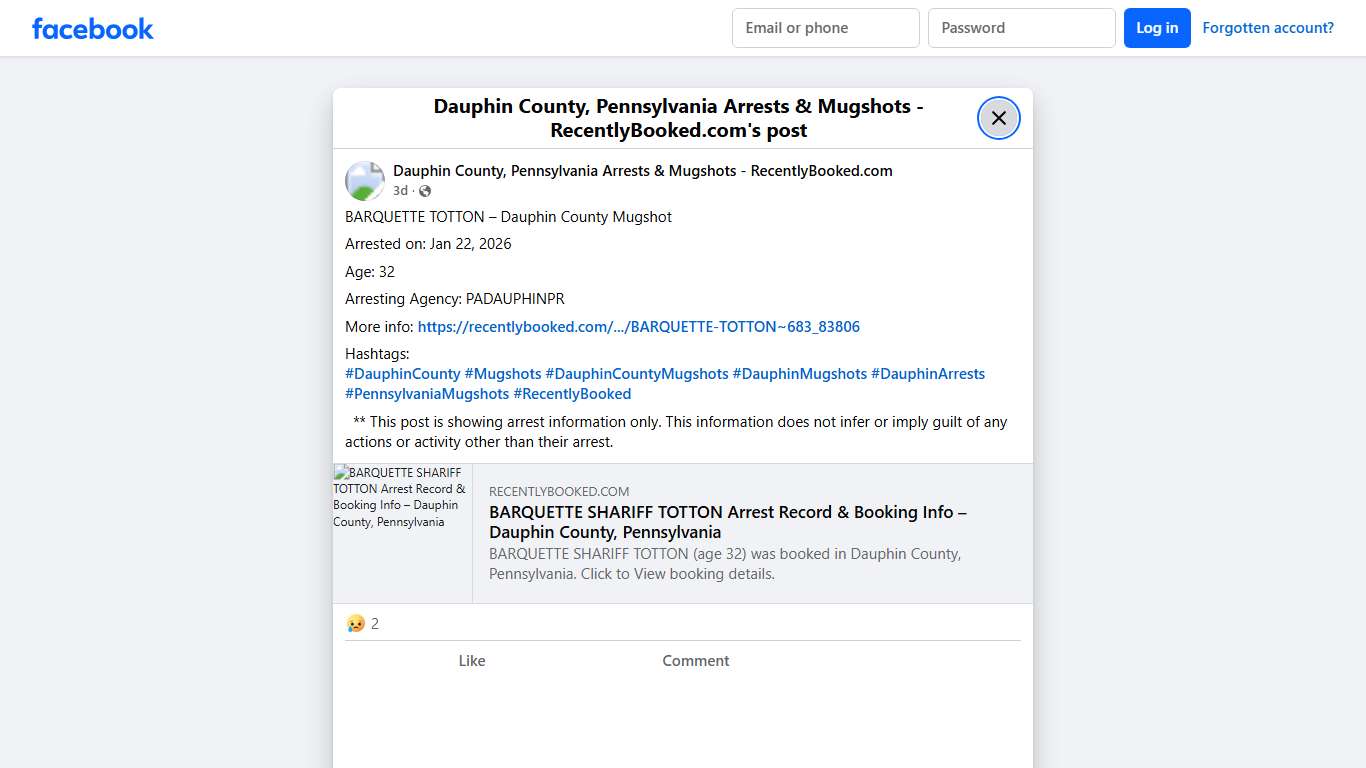 BARQUETTE TOTTON – Dauphin County Mugshot Arrested on: Jan 22, 2026 Age: 32 Arresting Agency: PADAUPHINPR More info: https://recentlybooked.com/PA/Dauphin/BARQUETTE-TOTTON~683_83806 Hashtags: #DauphinCounty #Mugshots #DauphinCountyMugshots #DauphinMugshots #DauphinArrests #PennsylvaniaMugshots #RecentlyBooked ** This post is showing arrest information only. This information does not infer or imply guilt of any actions or activity other than... - Dauphin County, Pennsylvania Arrests & Mugshots - 