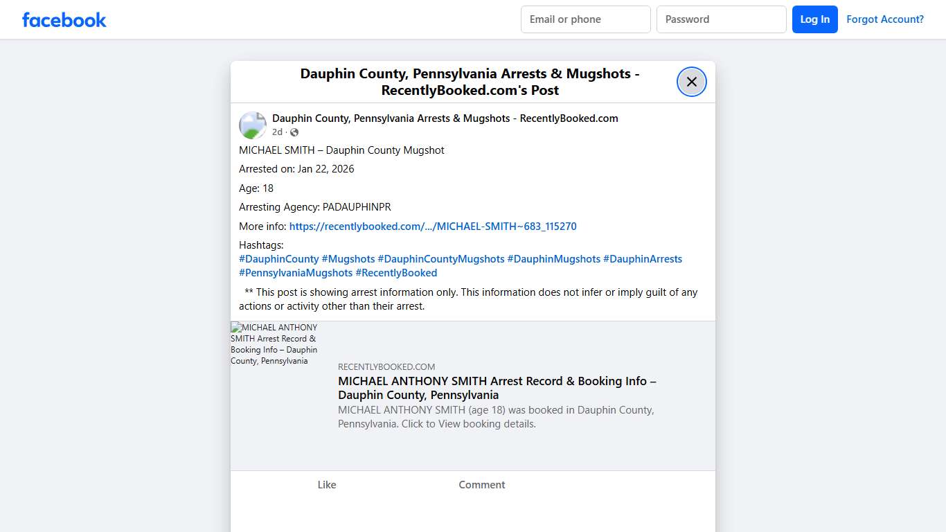 MICHAEL SMITH – Dauphin County Mugshot Arrested on: Jan 22, 2026 Age: 18 Arresting Agency: PADAUPHINPR More info: https://recentlybooked.com/PA/Dauphin/MICHAEL-SMITH~683_115270 Hashtags: #DauphinCounty #Mugshots #DauphinCountyMugshots #DauphinMugshots #DauphinArrests #PennsylvaniaMugshots #RecentlyBooked ** This post is showing arrest information only. This information does not infer or imply guilt of any actions or activity other than... - Dauphin County, Pennsylvania Arrests & Mugshots - Recen